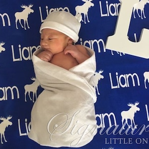 Personalized Baby Blanket, Personalized Hat, Name Blanket, Swaddle Receiving Blanket, Baby Shower Gift, Birth Announcement Blanket, Name Hat