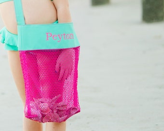 Borsa da spiaggia/conchiglia rosa acceso per bambini, personalizzata o con monogramma.