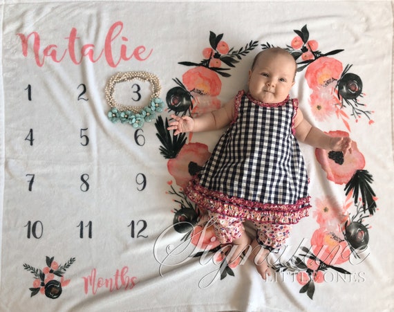 Personalized Baby Girl Milestone Blanket - Custom Boho Floral Name Blanket For Newborns