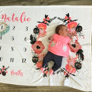 Baby Floral Milestone Blanket, Personalized Baby Girl Blanket, Monthly Milestone Blanket, Baby Name Blanket, Minky, Fleece, Shower Gift