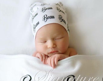Gorro de bebé personalizado, gorro personalizado, manta con nombre, gorro con nombre, gorro de bebé, manta para envolver al bebé, regalo para baby shower, gorro de hospital