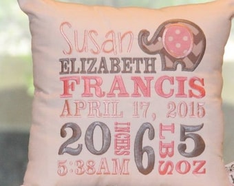 Elephant Birth Announcement Pillow...Embroidered and Unique