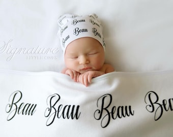 Spersonalizowany kocyk dla dziecka, spersonalizowana czapeczka, kocyk z imieniem, kocyk do otulania, prezent na baby shower, kocyk z informacją o narodzinach dziecka, czapeczka z imieniem