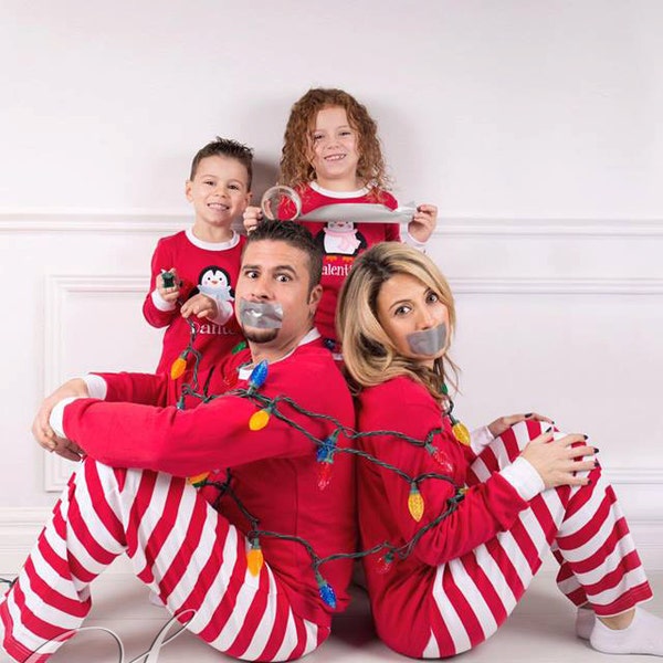 Adults and Kids Red with White Stripe Christmas Pajamas