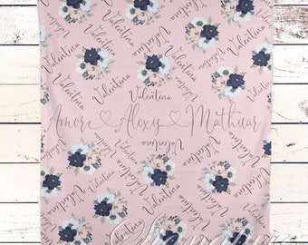 Personalized Baby Blanket Girl - Floral Baby Girl Blanket - Baby Name Blanket -Baby Shower Gift Personalized Baby Gift- Pink Navy Nursery