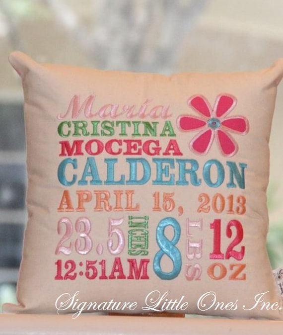 embroidered birth announcement pillow