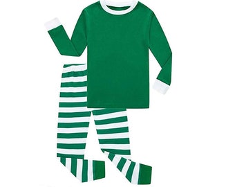 Pyjama de Noël vert à rayures blanches pour adultes et enfants