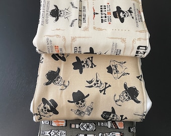 Burp cloths, outlaw, cowboy, wanted, baby, skeleton, spooky