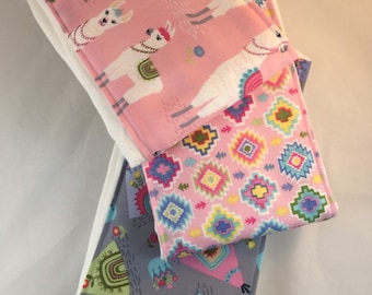 Burp cloths, llama, tee pee, aztec, pink, yellow, grey, teal, baby shower