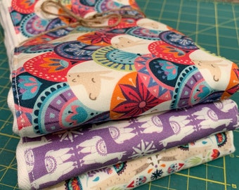 Burp cloths, llama, purple, blue, orange, Aztec, baby shower