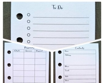 Mini size printed and 5-hole punched planner inserts, planner paper, refill paper, check lists, to  do lists