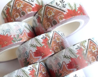 Gingerbread House Christmas Washi Tape, printed masking tape, cute washi tape, gingerbread washi tape,