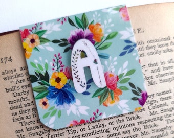 Magnetic floral patterned bookmark with personalised initial, magnetic bookmark, magnetic page marker, page clip