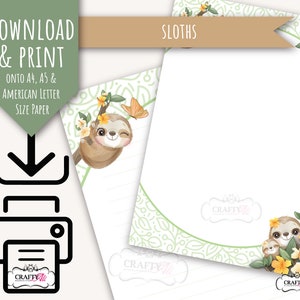 Papel para escrever cartas IMPRIMÍVEL, Preguiças fofas, papel para escrever cartas digitais, papel para baixar e imprimir, papel para cartas South American Animals