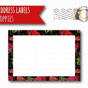 May include: Printable address labels with a black background and a red poppy floral border. The text "ADDRESS LABELS POPPIES" is at the top of the image.