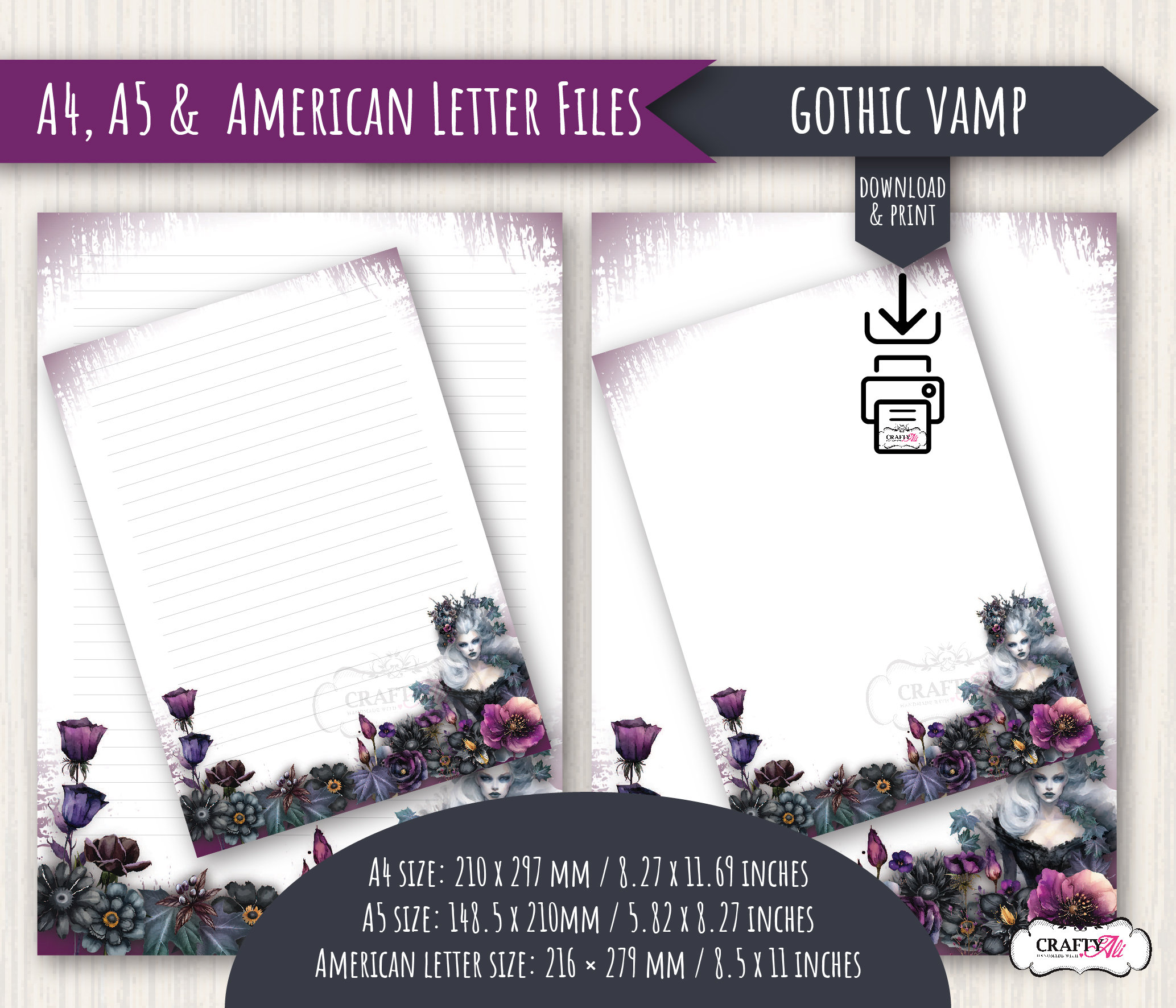 Notepad Template Goth Simple PRINTABLE Letter Writing Notepaper, Gothic Vamp, Digital Notepaper ...