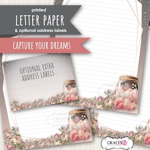 May include: Printed letter paper with a floral design and a jar with stars and clouds. The text "Capture Your Dreams" is at the top of the page. The text "Optional Extra Address Labels" is on a separate sheet of paper.