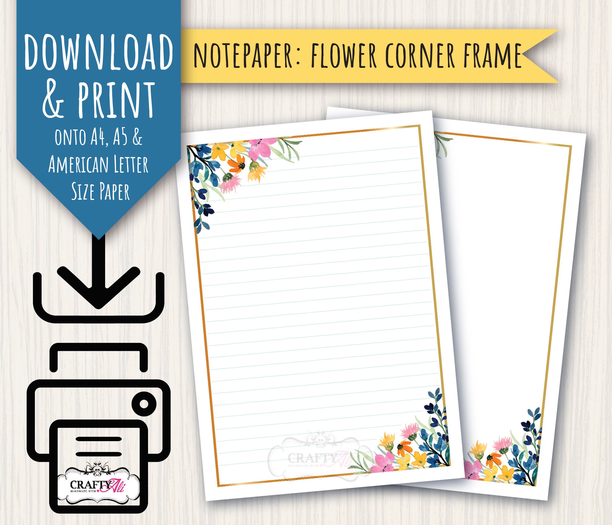 PRINTABLE Letter Writing Notepaper, Flower Corner Frame, Digital