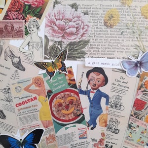 May include: A collage of vintage images featuring a variety of themes, including flowers, fashion, food, and travel. The collage includes a vintage advertisement for Cooltan suntan lotion, a vintage advertisement for Shreddies cereal, a vintage advertisement for a Lion and Unicorn toy, and a vintage image of a girl with a crown and the text "A girl worth gold".