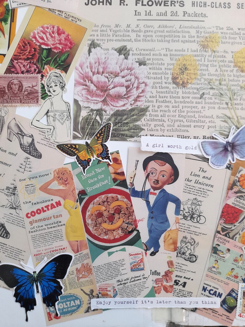 May include: A collage of vintage images featuring a variety of themes, including flowers, fashion, food, and travel. The collage includes a vintage advertisement for Cooltan suntan lotion, a vintage advertisement for Shreddies cereal, a vintage advertisement for a Lion and Unicorn toy, and a vintage image of a girl with a crown and the text "A girl worth gold".