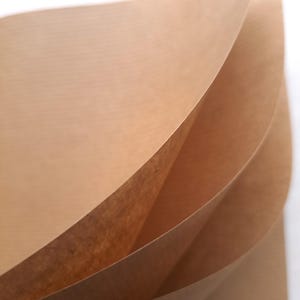 May include: Close-up of several sheets of brown paper, fanned out to reveal their edges. The paper has a smooth texture and a warm, neutral colour. The sheets are slightly curved, creating a sense of depth and movement. The background is white.