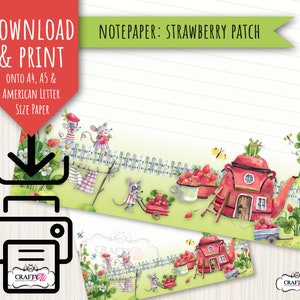 Carta da lettere STAMPABILE, Mouse Strawberry Patch, carta da lettere digitale, carta da lettere da scaricare e stampare