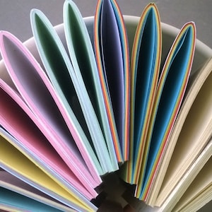May include: A collection of colorful notebooks fanned out in a radial pattern, revealing the different colored pages inside. The notebooks are arranged in a bowl.