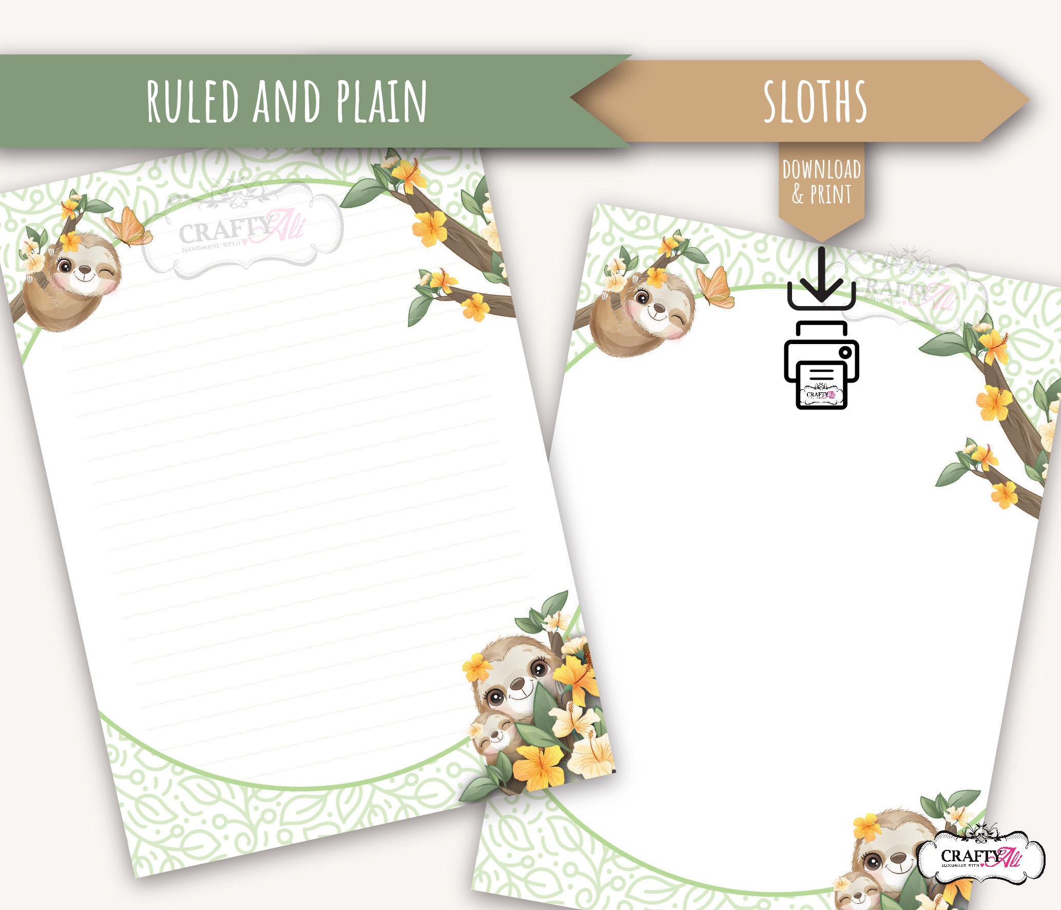 Sloth Digital Paper PRINTABLE Letter Writing Paper, Cute Sloths, Digital Letter Writing ...