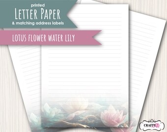 Lotus Flower Water Lily Printed Letter writing paper, notepaper set, floral stationery, Pen Pal paper, letter writing kit