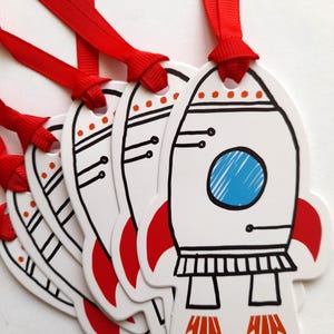 Lot de 6 étiquettes pour cartes-cadeaux fusée spatiale, étiquettes-cadeaux de fête, fournitures de journal indésirable, étiquettes-cadeaux, papeterie de fête