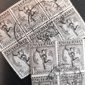 Old Stamps, Australia Hermes and Globe, pre-decimal x10 in 2 blocks / stamp collecting / philately