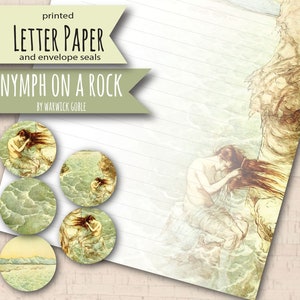 May include: A set of six printable letter paper seals featuring a vintage illustration of a nymph on a rock. The seals are circular and feature a light green background with a white border. The text "Nymph on a Rock" is printed on the top of the seals, with the artist's name, "By Warwick Goble", printed below. The seals are perfect for adding a touch of vintage charm to your letters and envelopes.