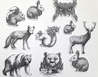 Black and White Woodland Animal die cuts, embellishments, junk journal and collage supplies, die cuts
