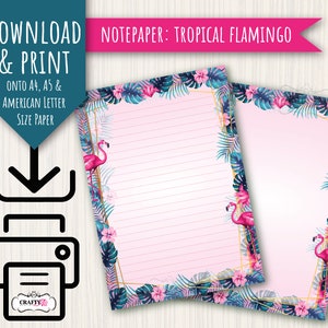 Papel para cartas imprimible, flamenco tropical, papel para cartas digital, papel para descargar e imprimir