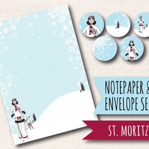 May include: A blue and white printable stationery set with a winter theme. The set includes a sheet of lined paper with a snowy mountain scene and a woman in a red and white coat skiing. The set also includes four round envelope seals with a woman in a red and white coat skiing. The text "NOTEPAPER & ENVELOPE SEALS" and "ST. MORITZ" is printed on the stationery.
