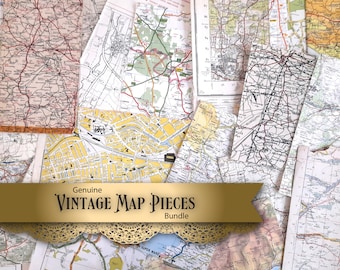 Vintage map scrap pieces bundle for junk journal supplies and scrapbooking, vintage ephemera, old maps, card toppers