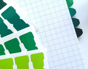 Self adhesive planner tabs in 5 shades of green, tiny tabs, choose shape and width, divider tabs, page markers