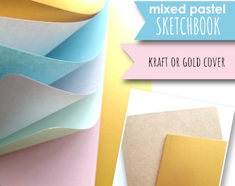 May include: A mixed pastel sketchbook with a choice of kraft or gold cover. The sketchbook has pages in a variety of pastel colors, including pink, blue, and green.