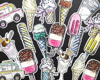 Ice Cream Printed Ephemera, Die Cuts, Card Toppers, ice lolly die cuts, junk journal supplies / ice cream die cuts