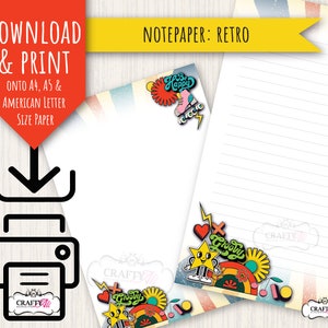 Papel para cartas IMPRIMIBLE, estilo retro de los años 70, papel para cartas digital, papel para descargar e imprimir, papel para cartas retro