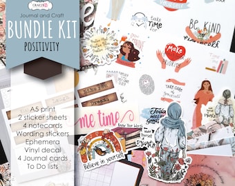 May include: A bundle kit for journaling and crafting with a positivity theme. The kit includes an A5 print, two sticker sheets, four notecards, wording stickers, ephemera, a vinyl decal, four journal cards, and to-do lists. The stickers feature positive affirmations and quotes, such as "Love Yourself", "Be Kind", "Make Yourself a Priority", and "Today Will Be Good".