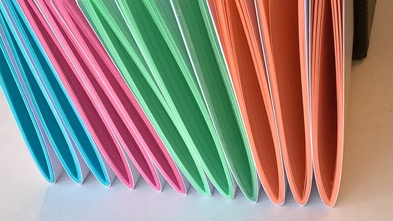 May include: A stack of colorful notebooks with white edges. The notebooks are arranged in a fan shape, with the covers facing outward. The colors of the notebooks are blue, pink, green, and orange.
