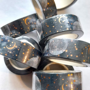 Moon and Stars copper foiled Washi Tape, printed masking tape, night sky washi tape, celestial washi tape