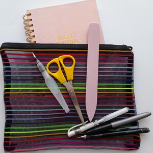 Large See-through Mesh Striped Zipped Pencil Case, planner pouch, makeup bag, toiletries bag, in a choice of colours