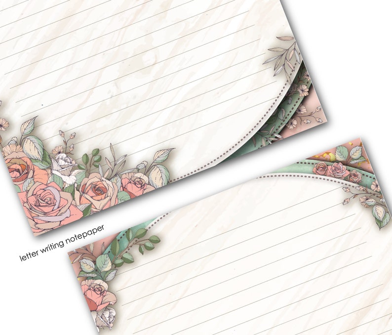 May include: Two sheets of lined letter writing paper with a floral border. The border features pink and white roses, green leaves, and a light blue and green background.