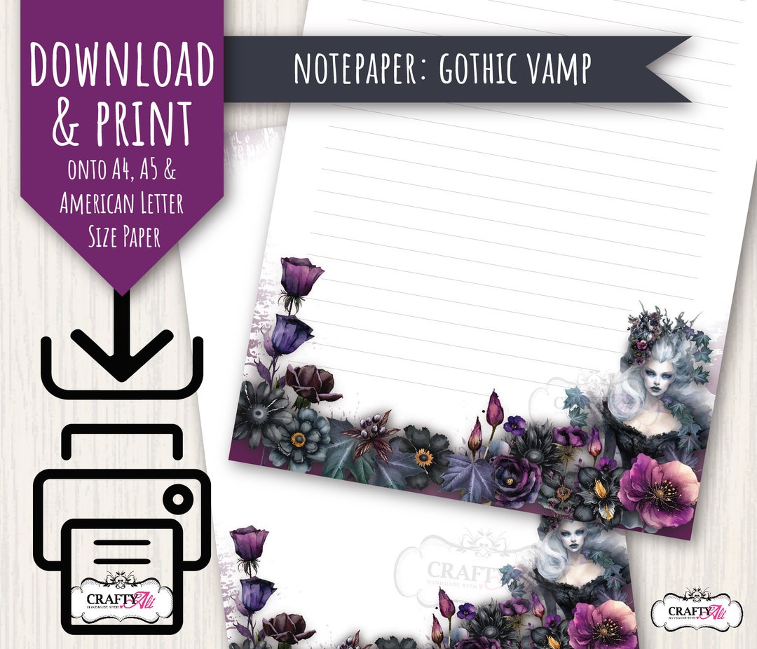 PRINTABLE Letter Writing Notepaper, Gothic Vamp, Digital Notepaper ...