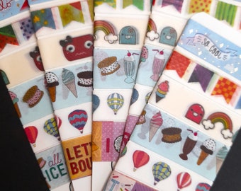 Fun theme washi tape samples on reusable card, 50cm of each design, with extra blank card, washi tape, printed masking tape