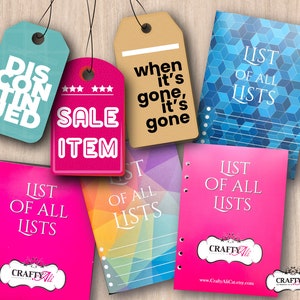 May include: A collection of notebooks and tags. The notebooks have the text "List of All Lists" on the cover. Tags include "Discontinued", "Sale Item", and "when it's gone, it's gone". The notebooks have different colorful covers.