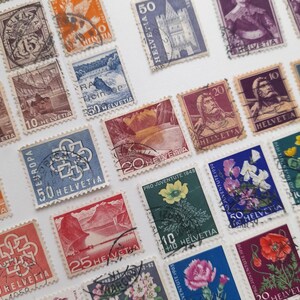 Old stamps, Switzerland, vintage 1860&#39;s to 2001 x50 for stamp collecting, junk journal supplies, vintage stamps, philately