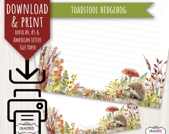 PRINTABLE letter writing paper, Toadstool Hedgehog, digital letter writing paper, notepaper to download and print, forest animal notepaper
